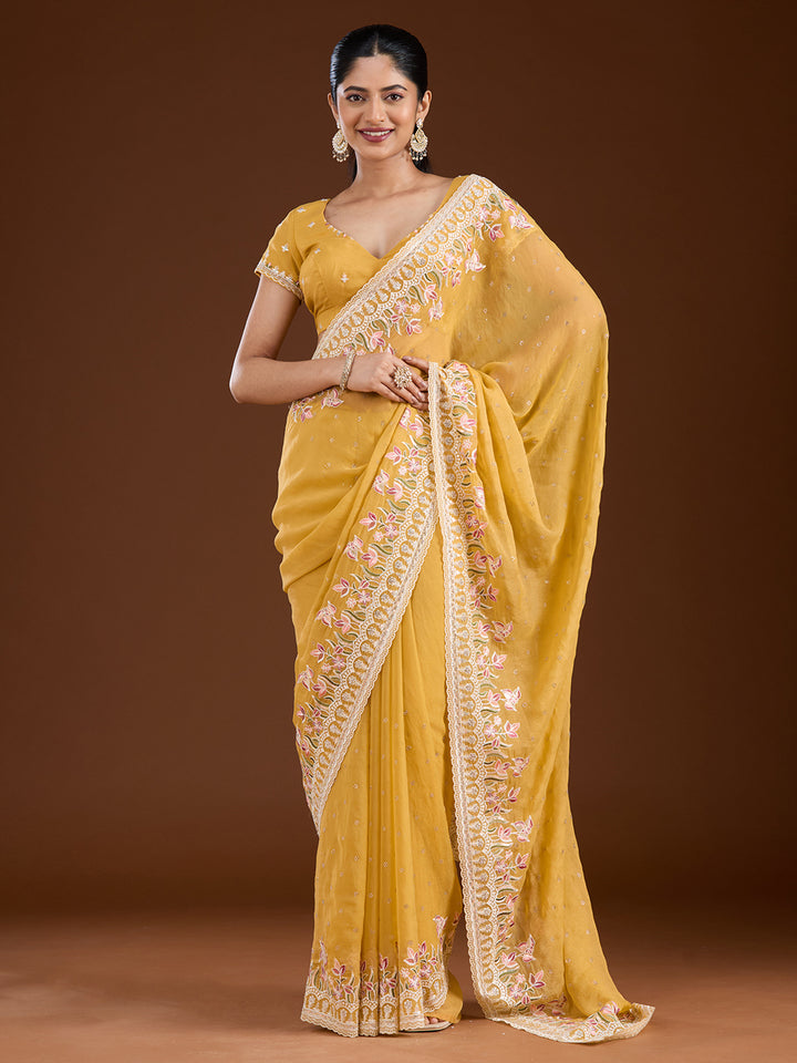 Yellow Threadwork Chiffon Saree