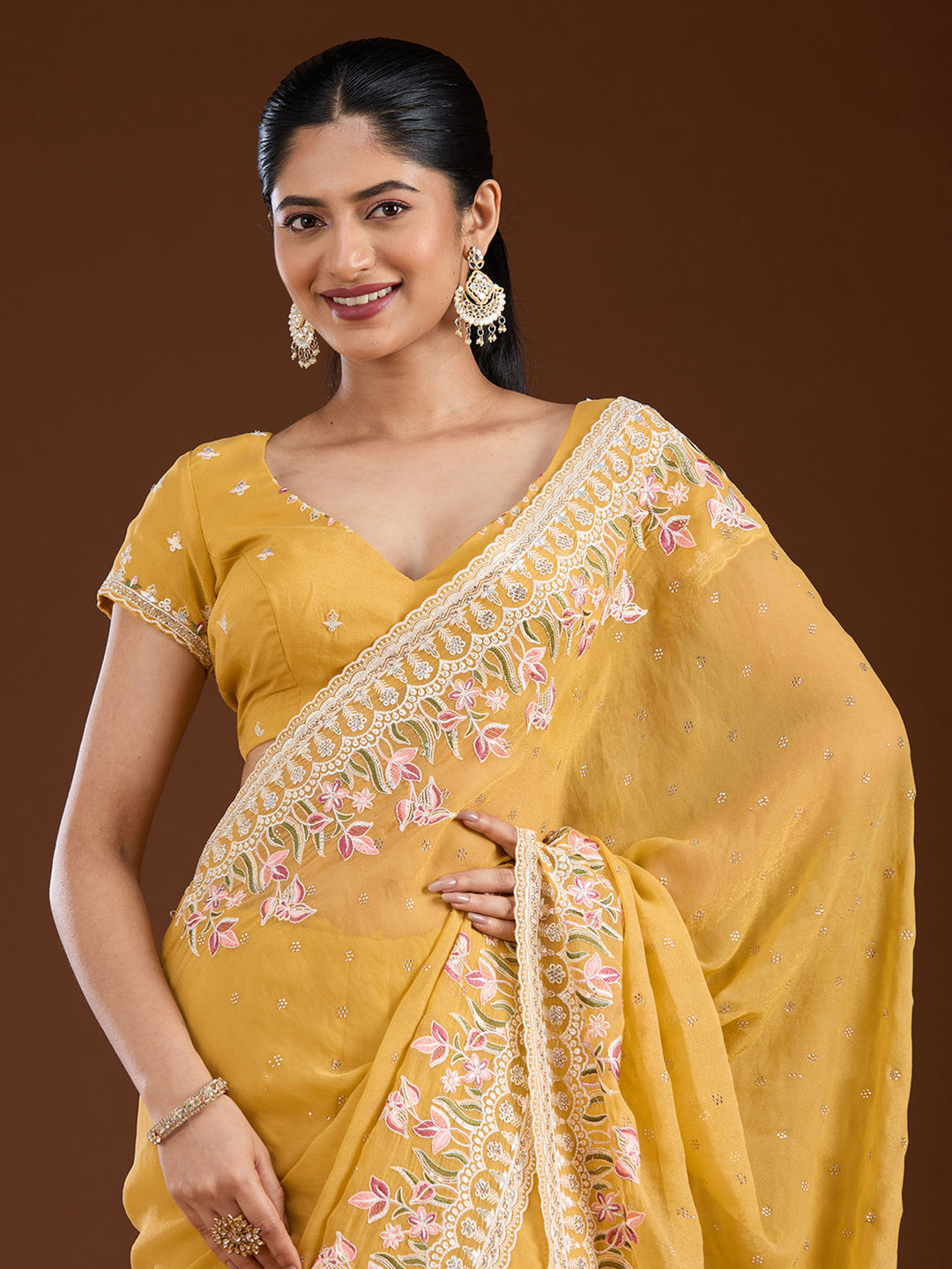 Yellow Threadwork Chiffon Saree