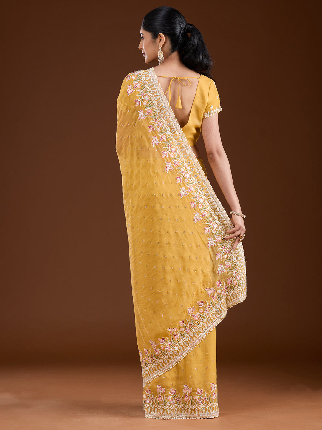 Yellow Threadwork Chiffon Saree