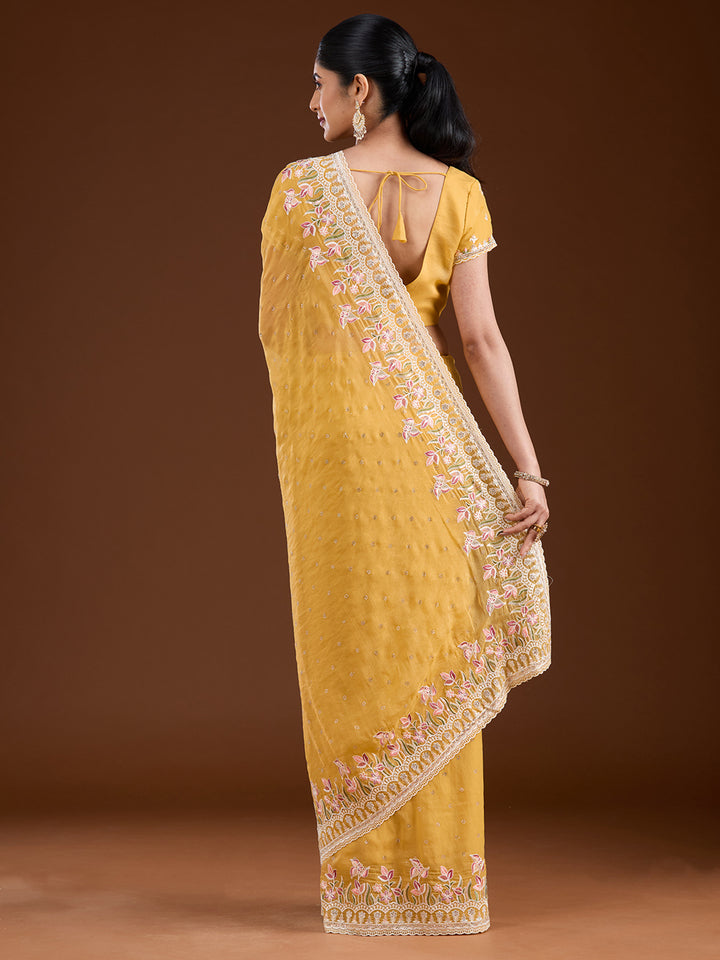 Yellow Threadwork Chiffon Saree