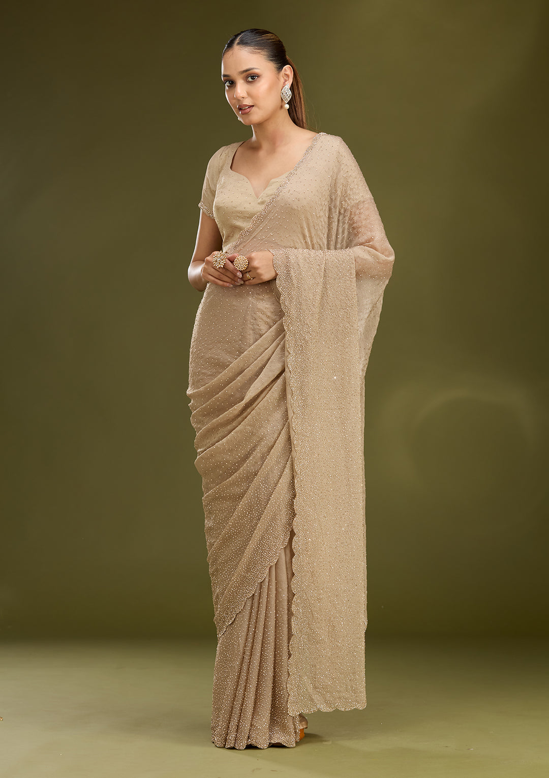 Grey Tissue Gold Stonework Saree With Matching Blouse Piece