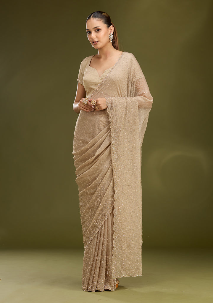 Grey Tissue Gold Stonework Saree With Matching Blouse Piece
