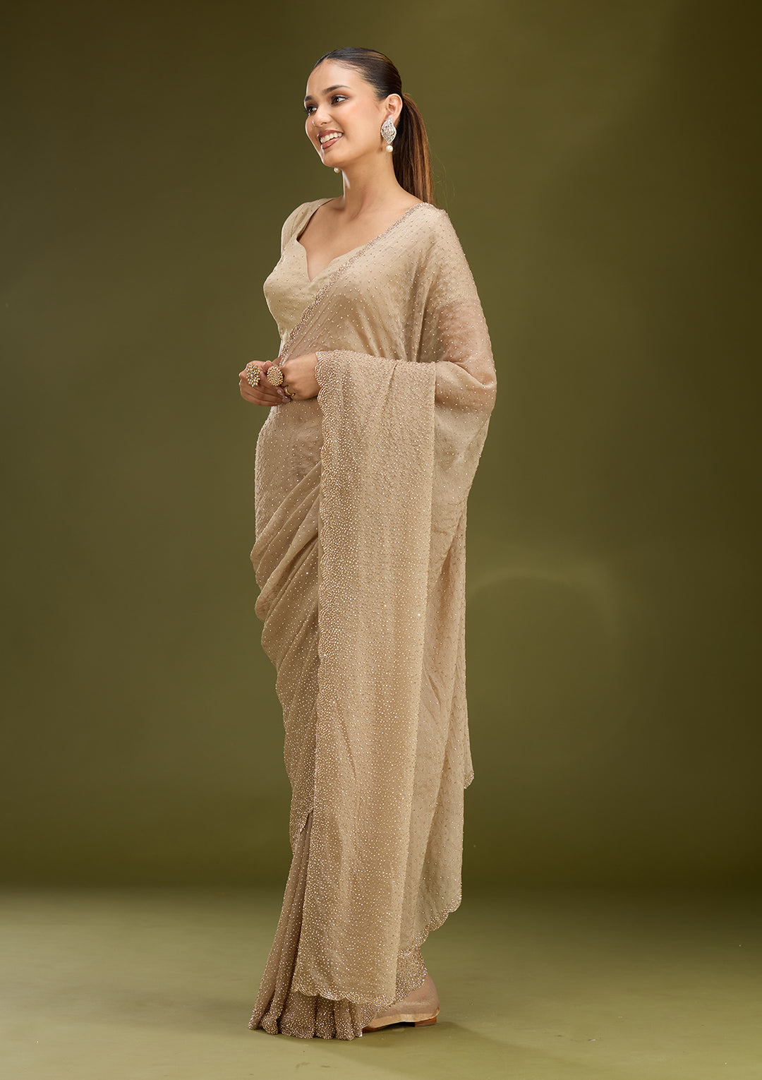 Grey Tissue Gold Stonework Saree With Matching Blouse Piece