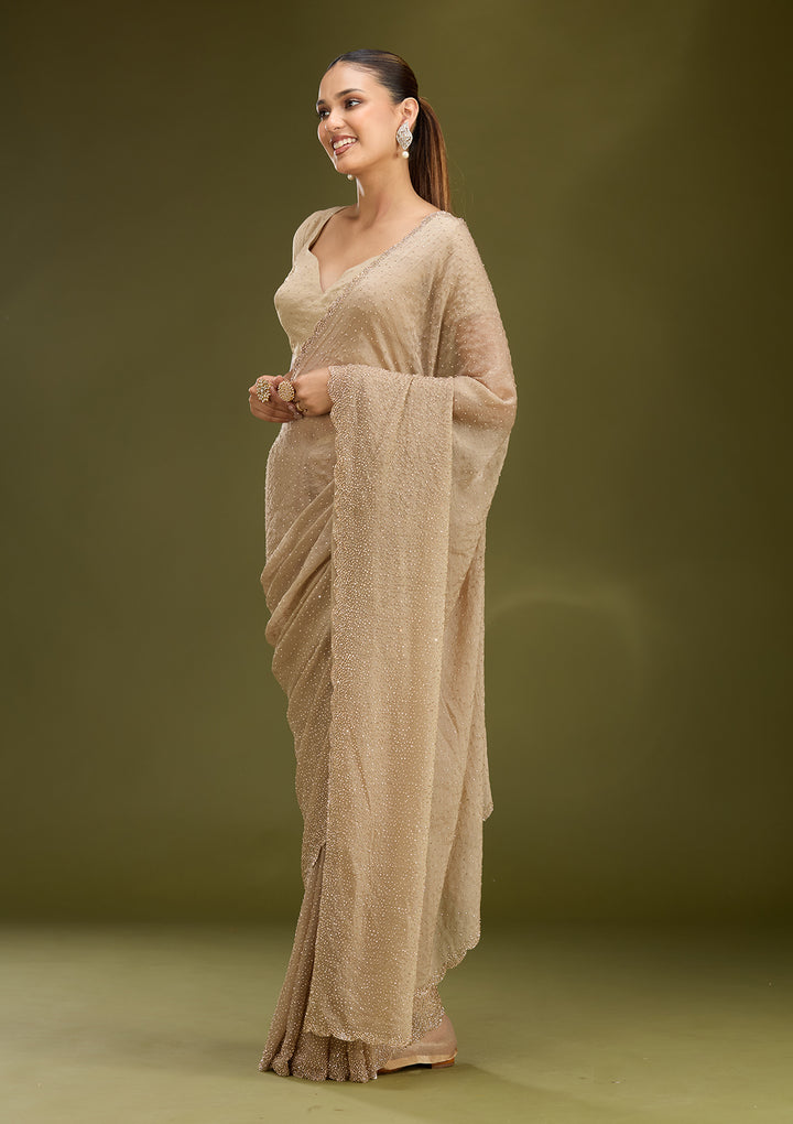 Grey Tissue Gold Stonework Saree With Matching Blouse Piece
