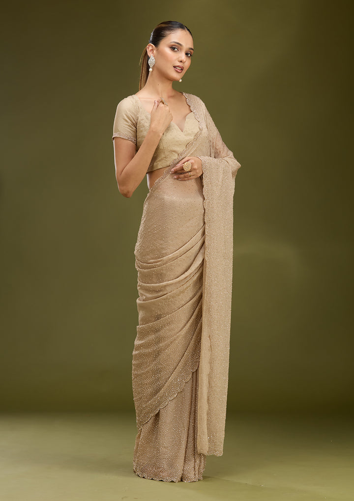 Grey Tissue Gold Stonework Saree With Matching Blouse Piece