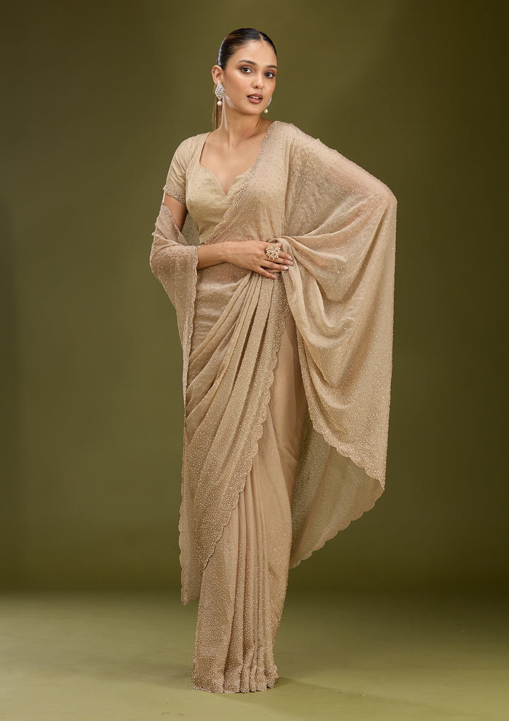 Grey Tissue Gold Stonework Saree With Matching Blouse Piece