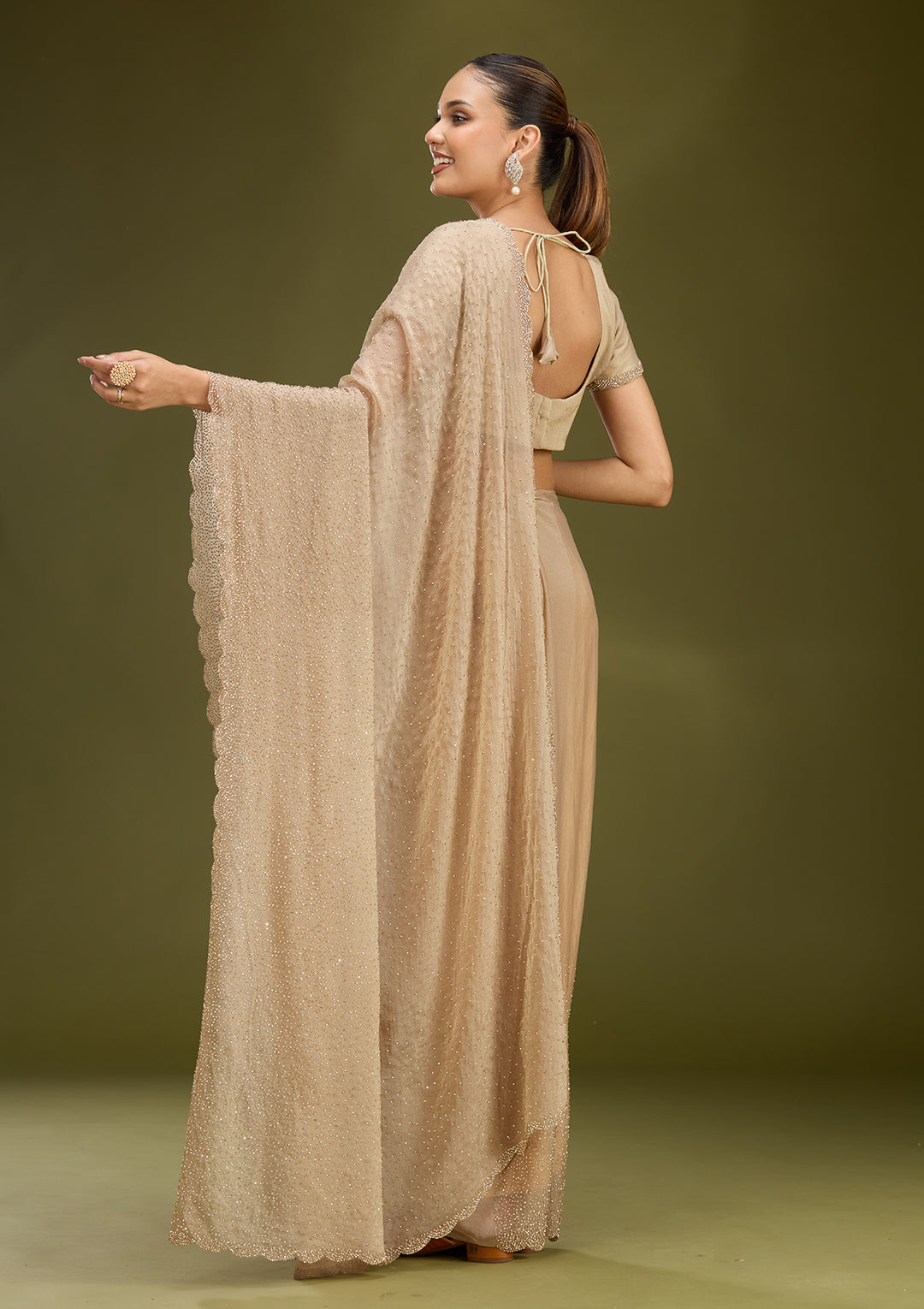 Grey Tissue Gold Stonework Saree With Matching Blouse Piece