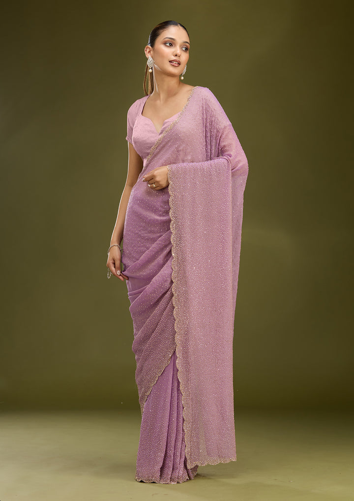 Lavender Tissue Gold Stonework Saree With Matching Blouse Piece