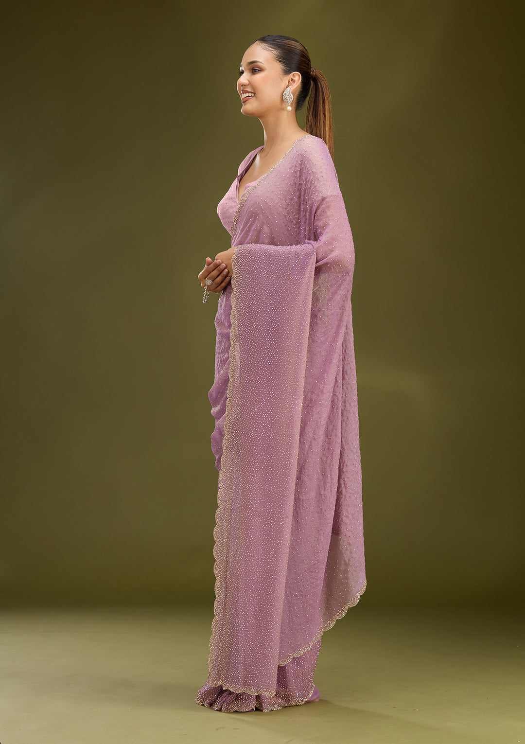 Lavender Tissue Gold Stonework Saree With Matching Blouse Piece