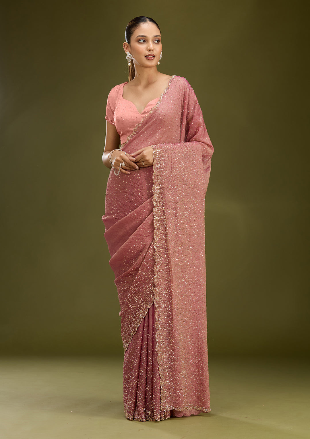 Onion Pink Tissue Gold Stonework Saree With Matching Blouse Piece
