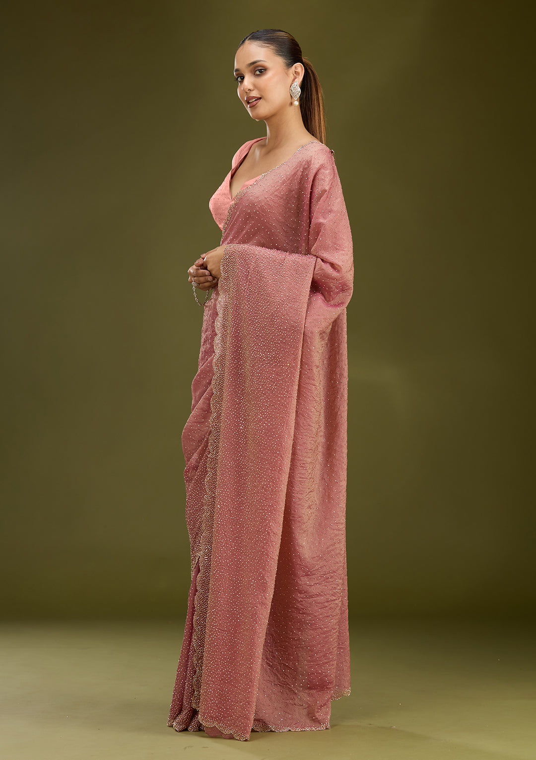 Onion Pink Tissue Gold Stonework Saree With Matching Blouse Piece