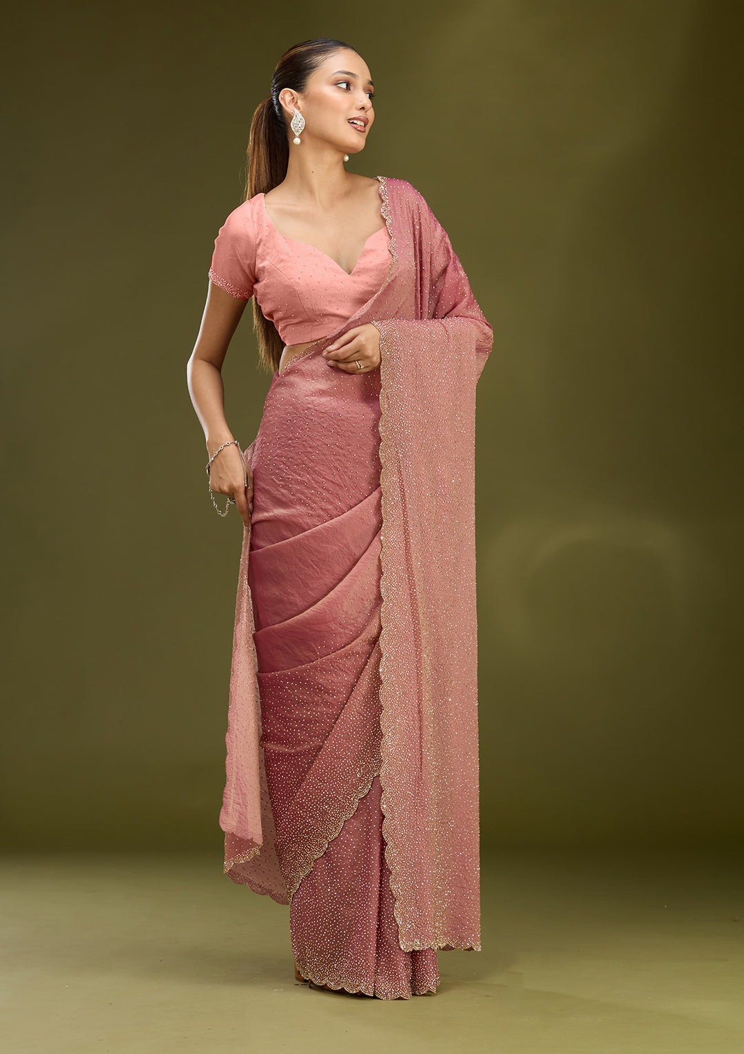 Onion Pink Tissue Gold Stonework Saree With Matching Blouse Piece