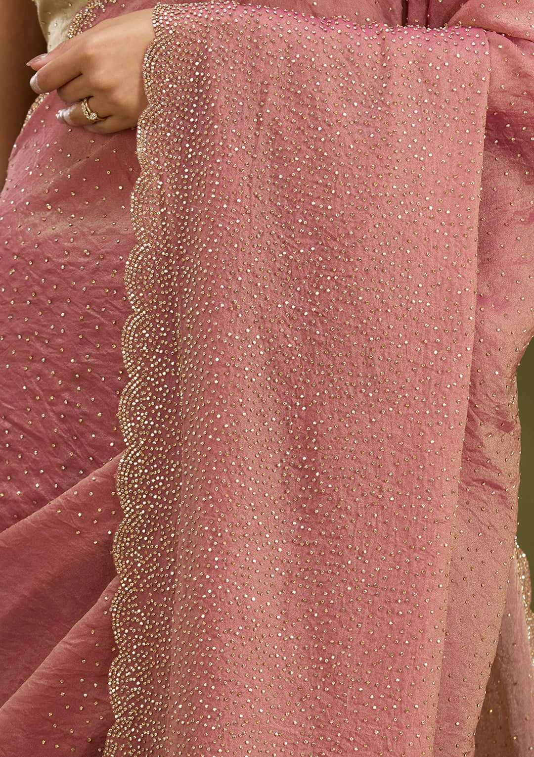 Onion Pink Tissue Gold Stonework Saree With Matching Blouse Piece