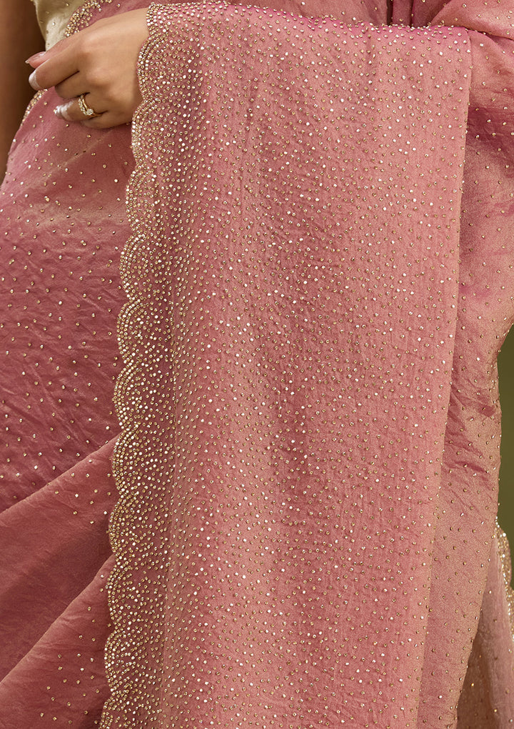 Onion Pink Tissue Gold Stonework Saree With Matching Blouse Piece