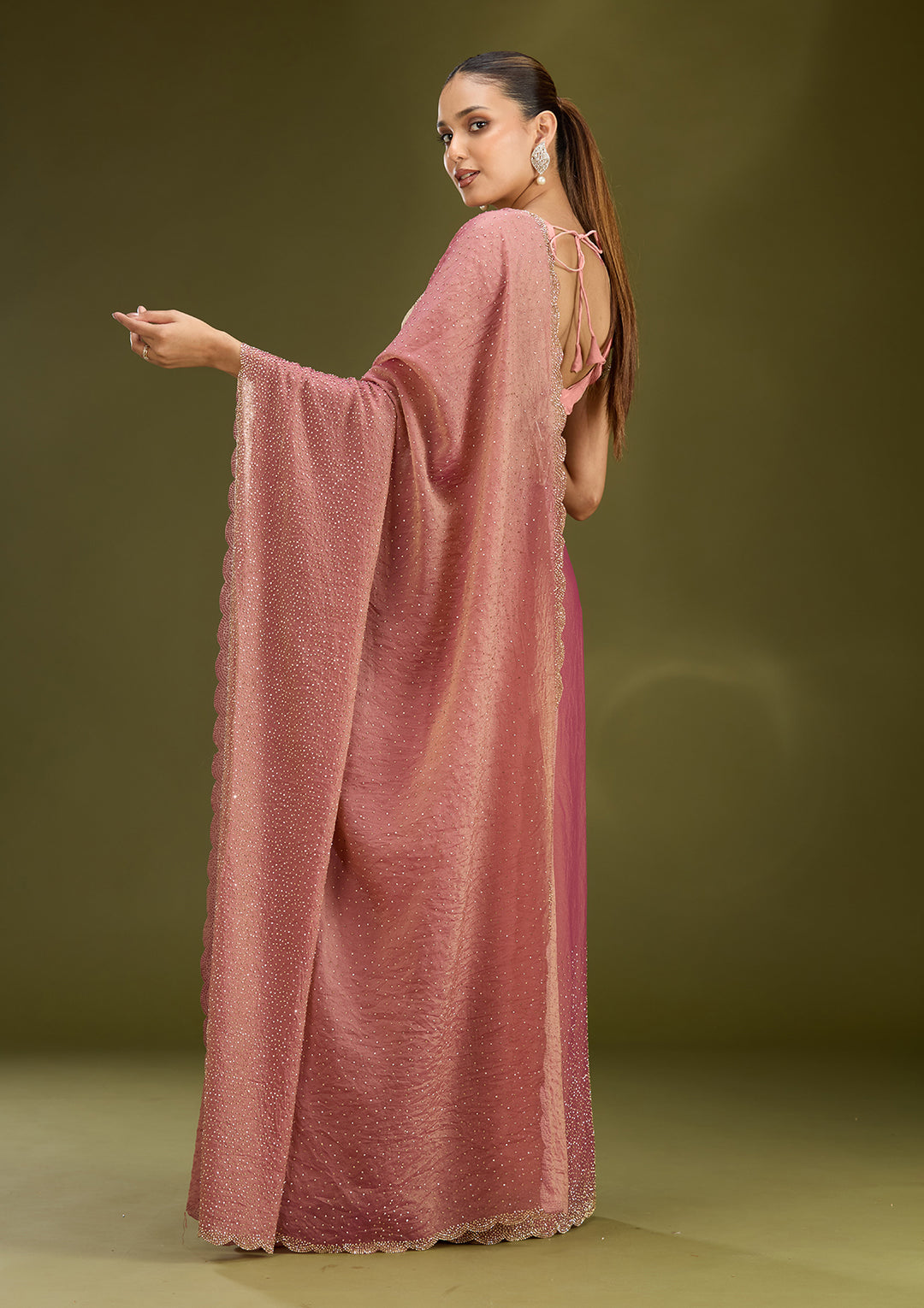 Onion Pink Tissue Gold Stonework Saree With Matching Blouse Piece