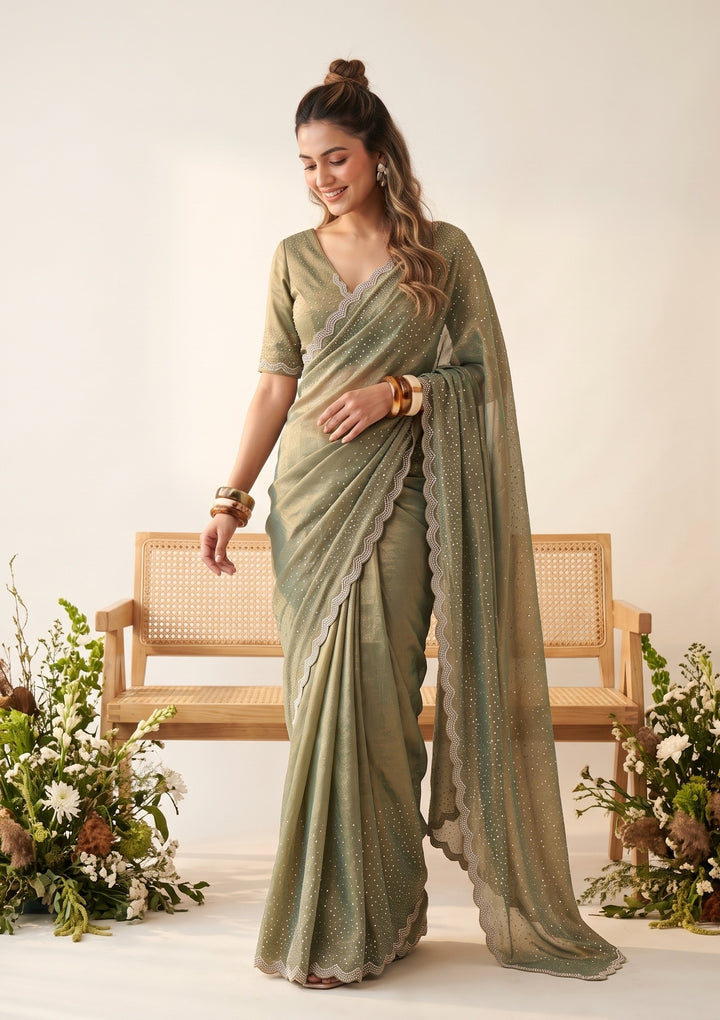 Sea Green Stonework (Gold) Tissue Saree