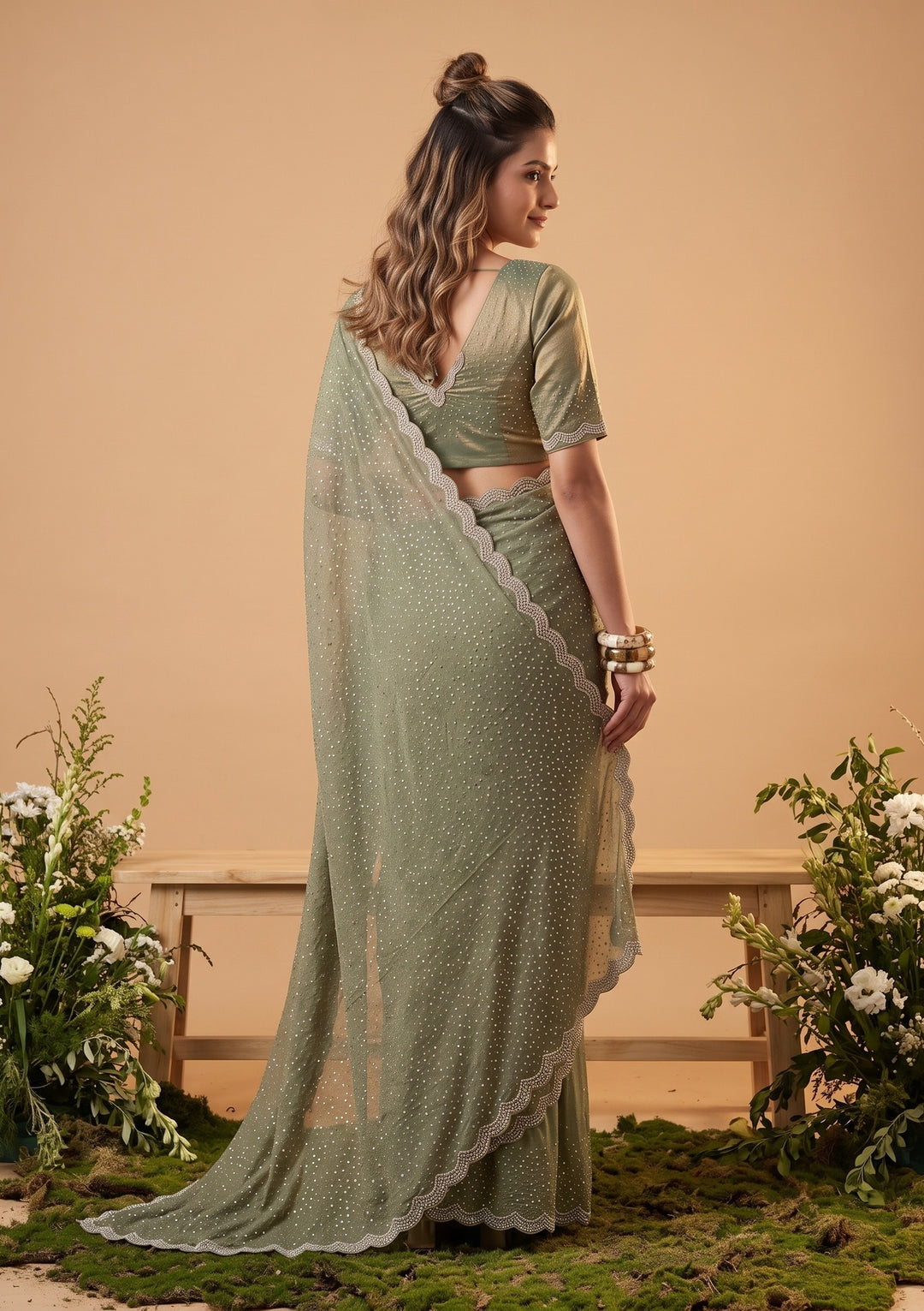 Sea Green Stonework (Gold) Tissue Saree