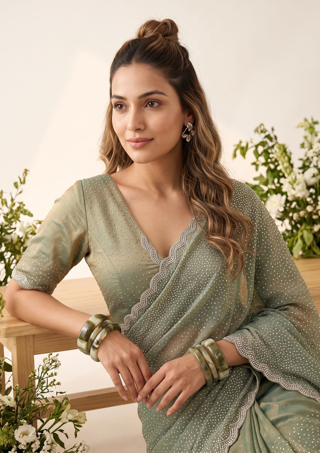 Sea Green Stonework (Gold) Tissue Saree
