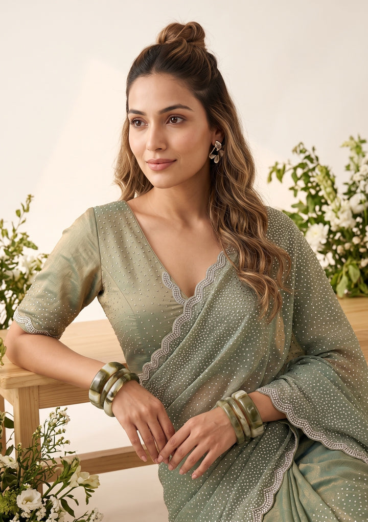 Sea Green Stonework (Gold) Tissue Saree