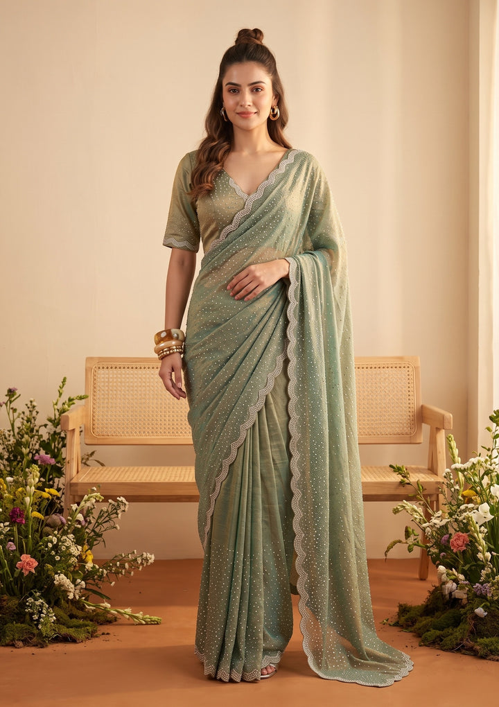 Sea Green Stonework (Gold) Tissue Saree