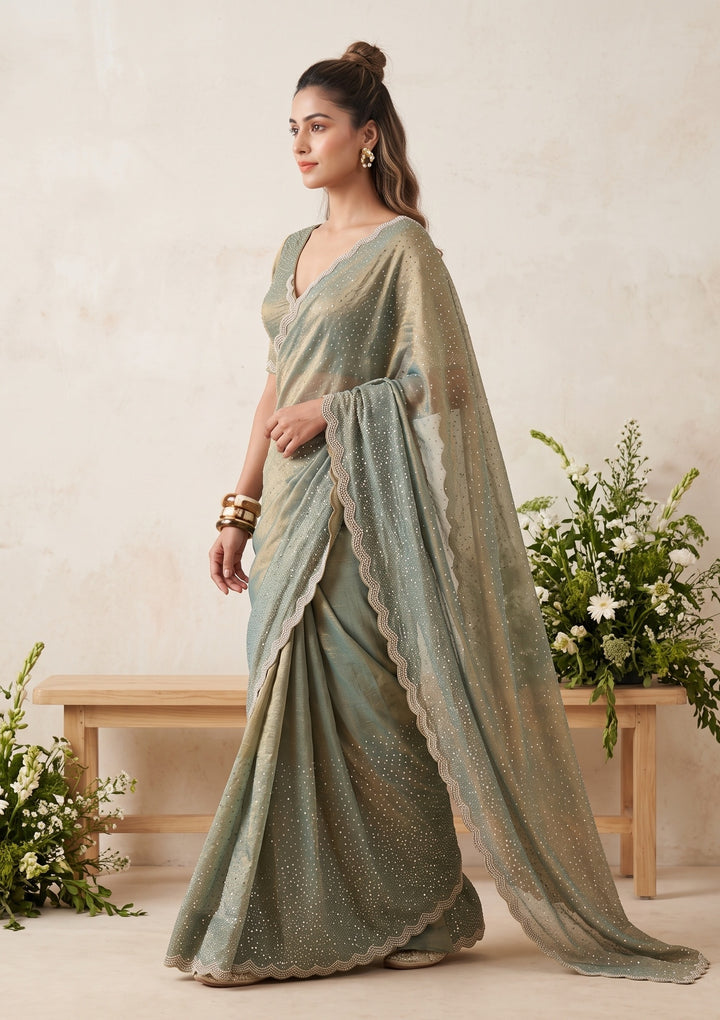 Sea Green Stonework (Gold) Tissue Saree