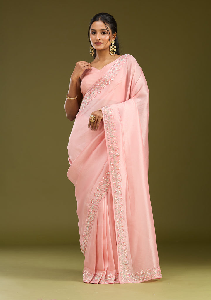 Baby Pink Pearlwork Tissue Saree