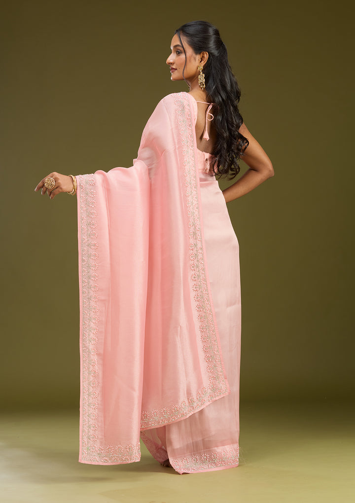 Baby Pink Pearlwork Tissue Saree