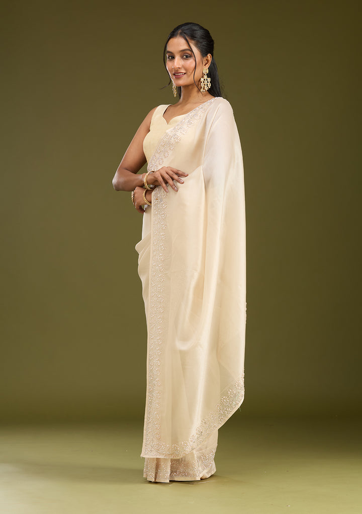 Beige Pearlwork Tissue Saree