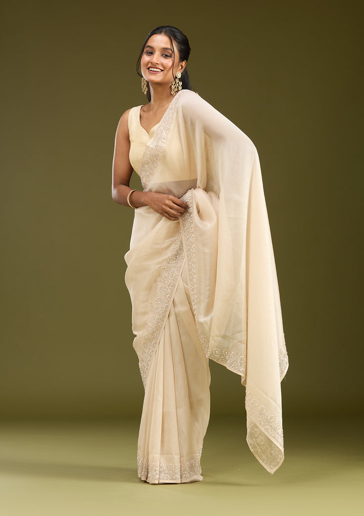 Beige Pearlwork Tissue Saree