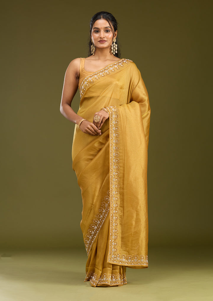 Mustard Pearlwork Tissue Saree
