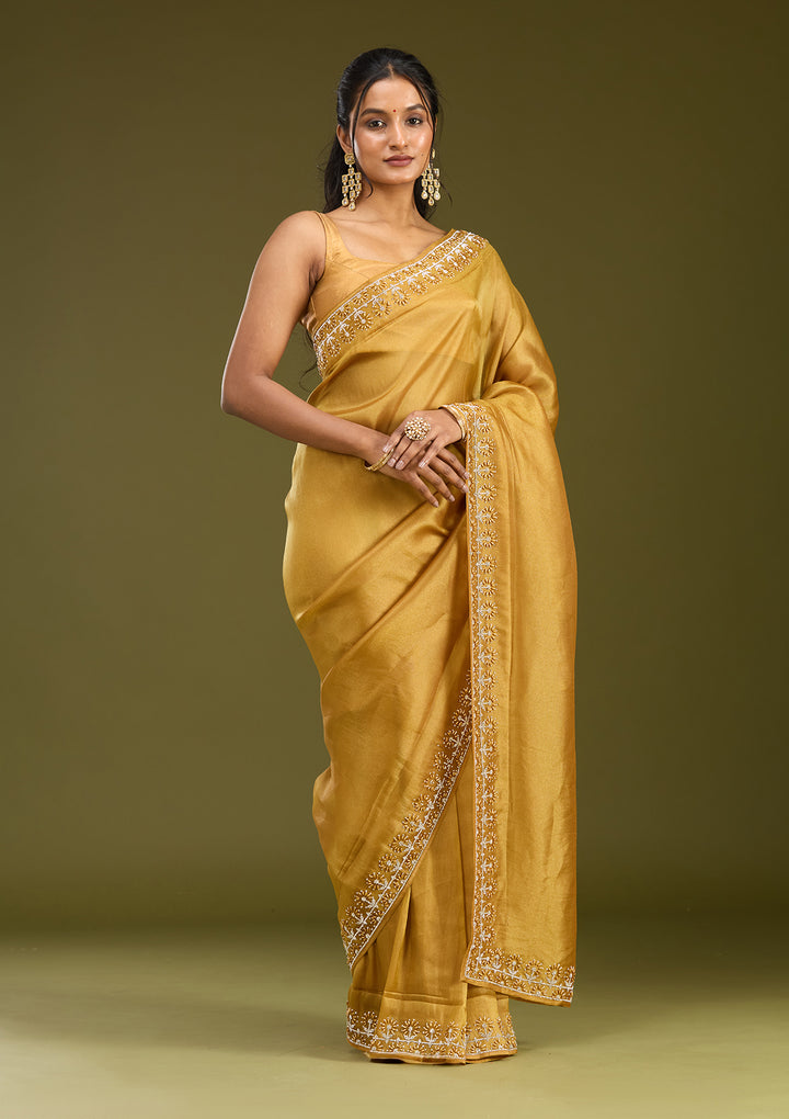 Mustard Pearlwork Tissue Saree