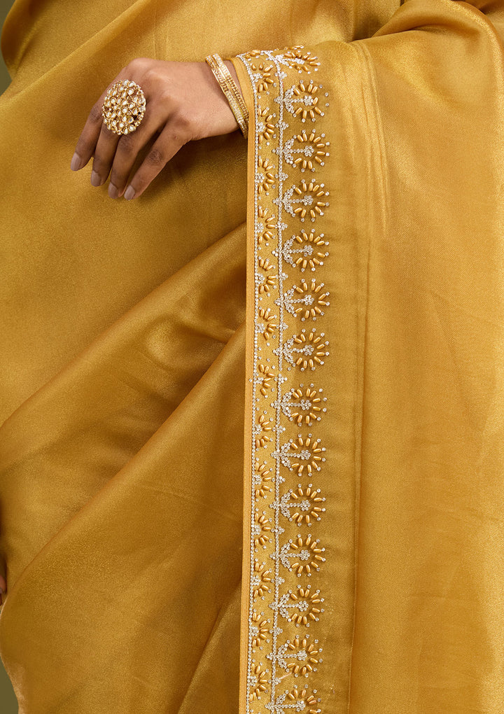 Mustard Pearlwork Tissue Saree