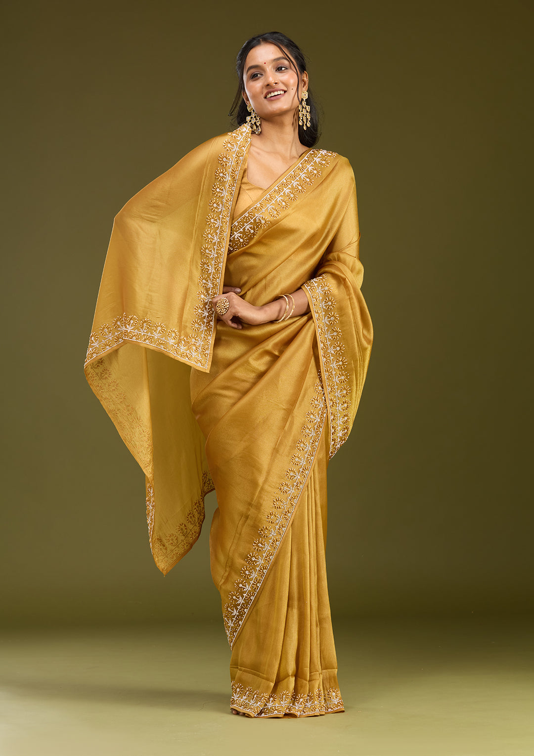 Mustard Pearlwork Tissue Saree
