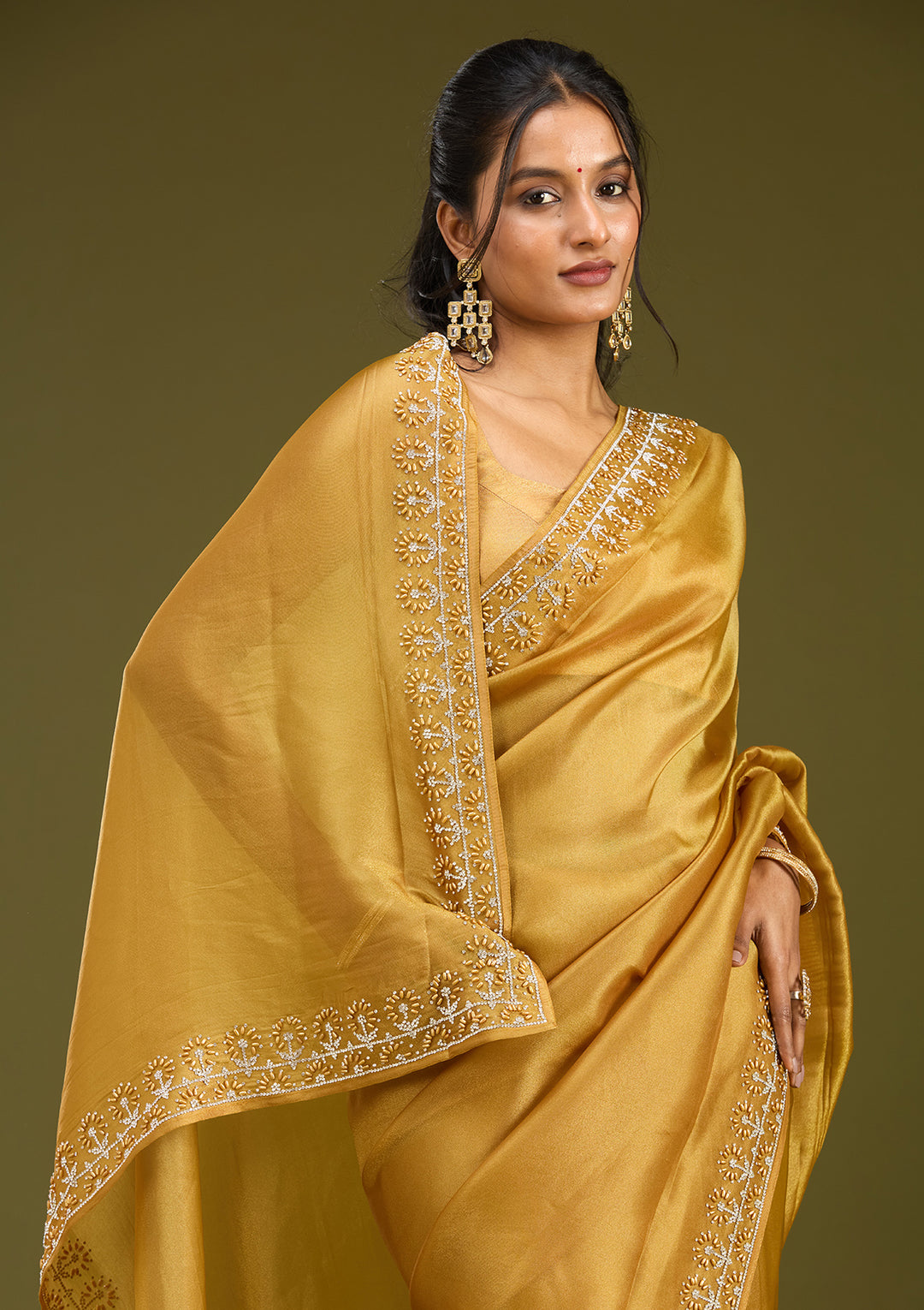 Mustard Pearlwork Tissue Saree