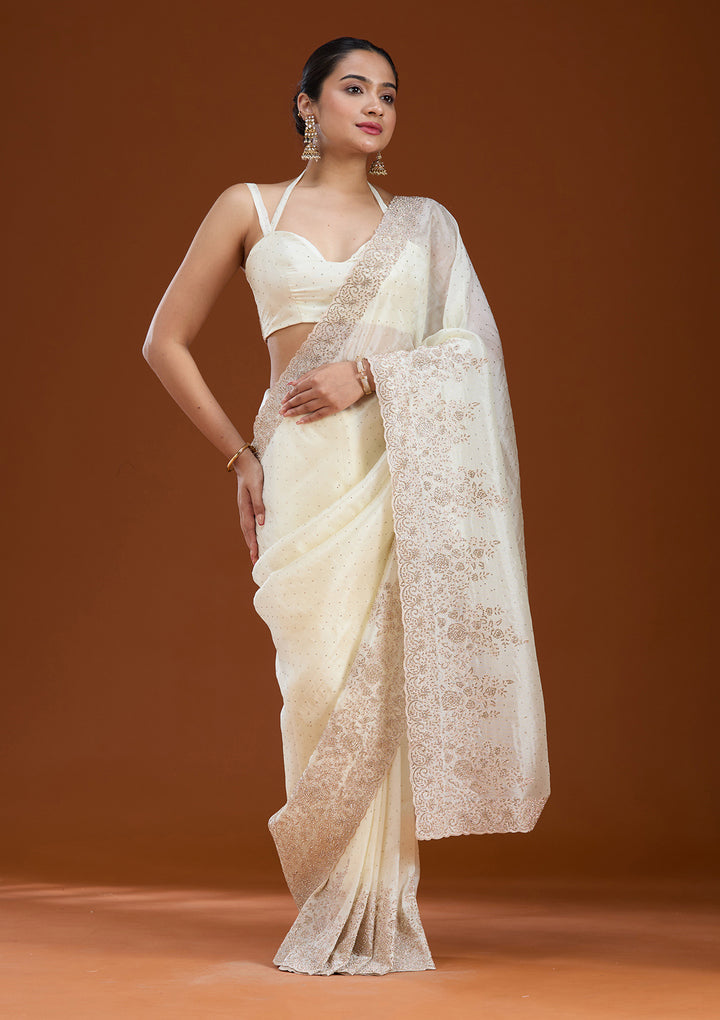 Cream Tissue Cording Saree With Matching Blouse Piece