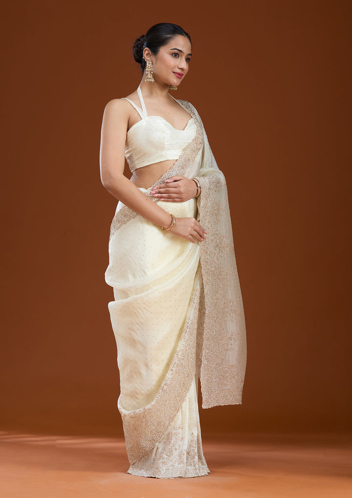 Cream Tissue Cording Saree With Matching Blouse Piece