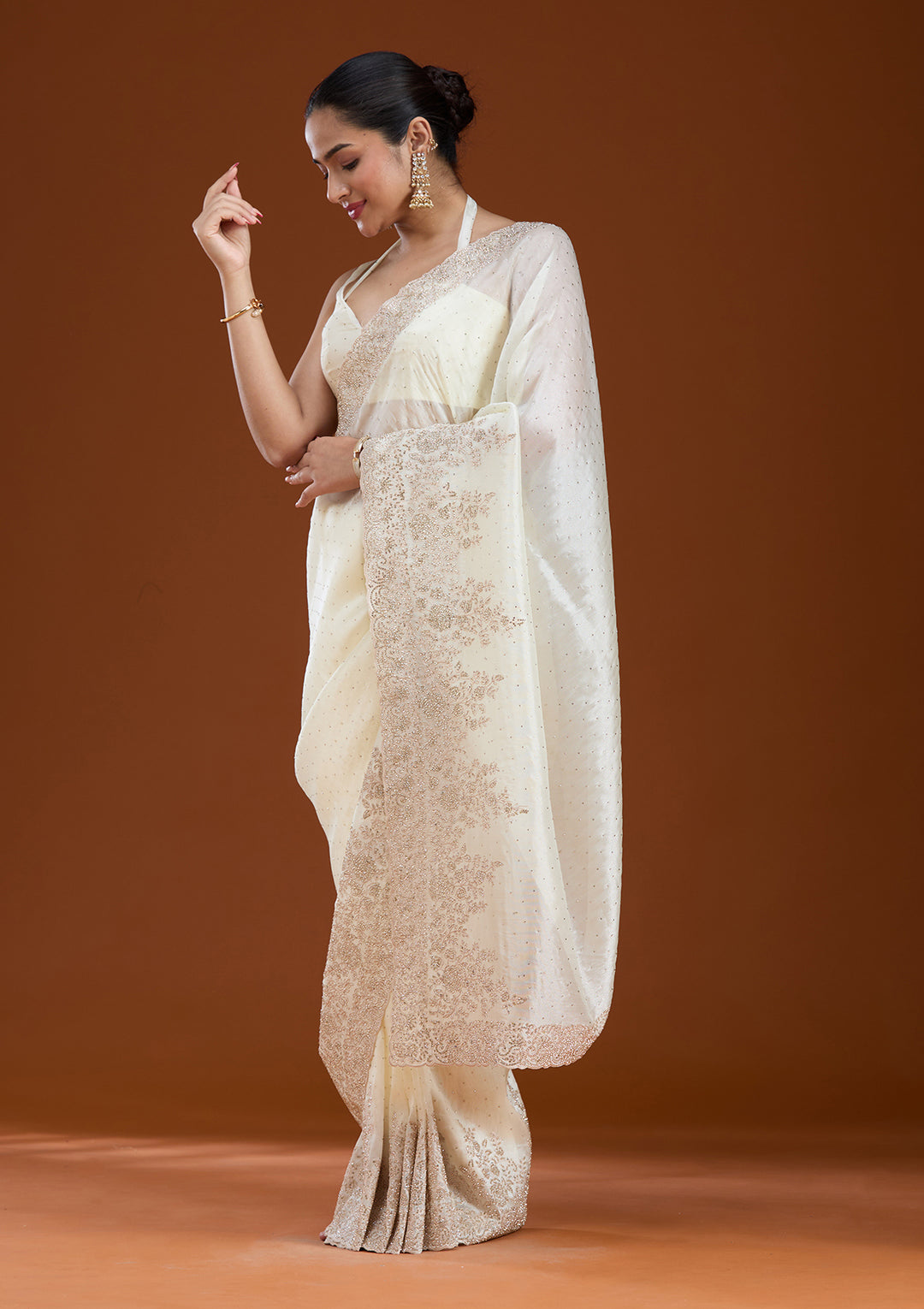 Cream Tissue Cording Saree With Matching Blouse Piece