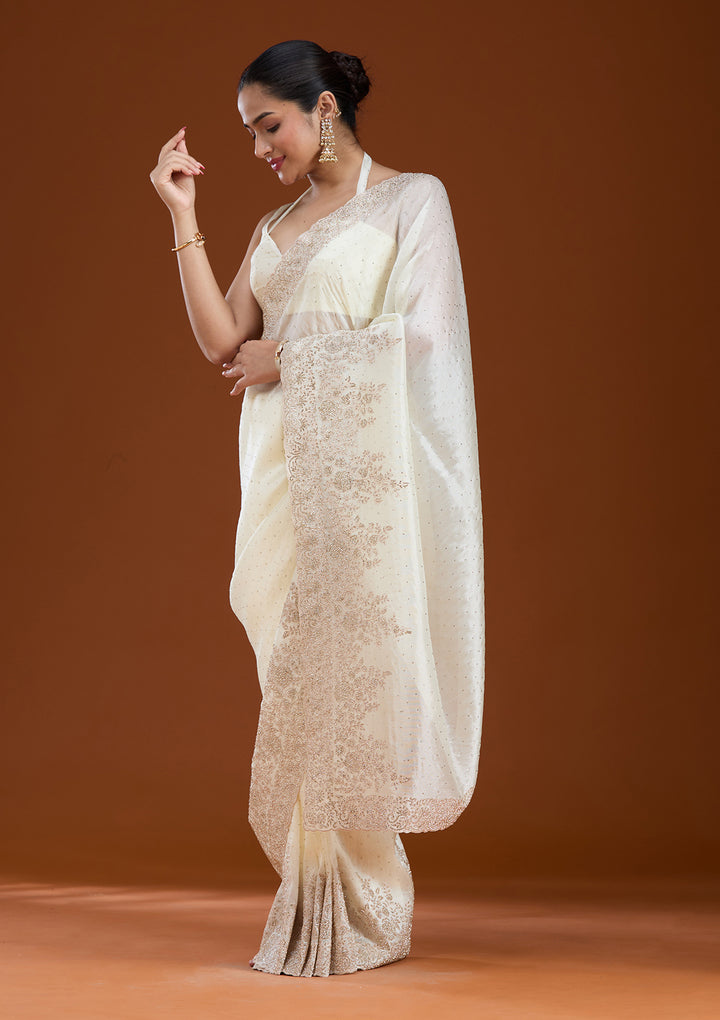 Cream Tissue Cording Saree With Matching Blouse Piece