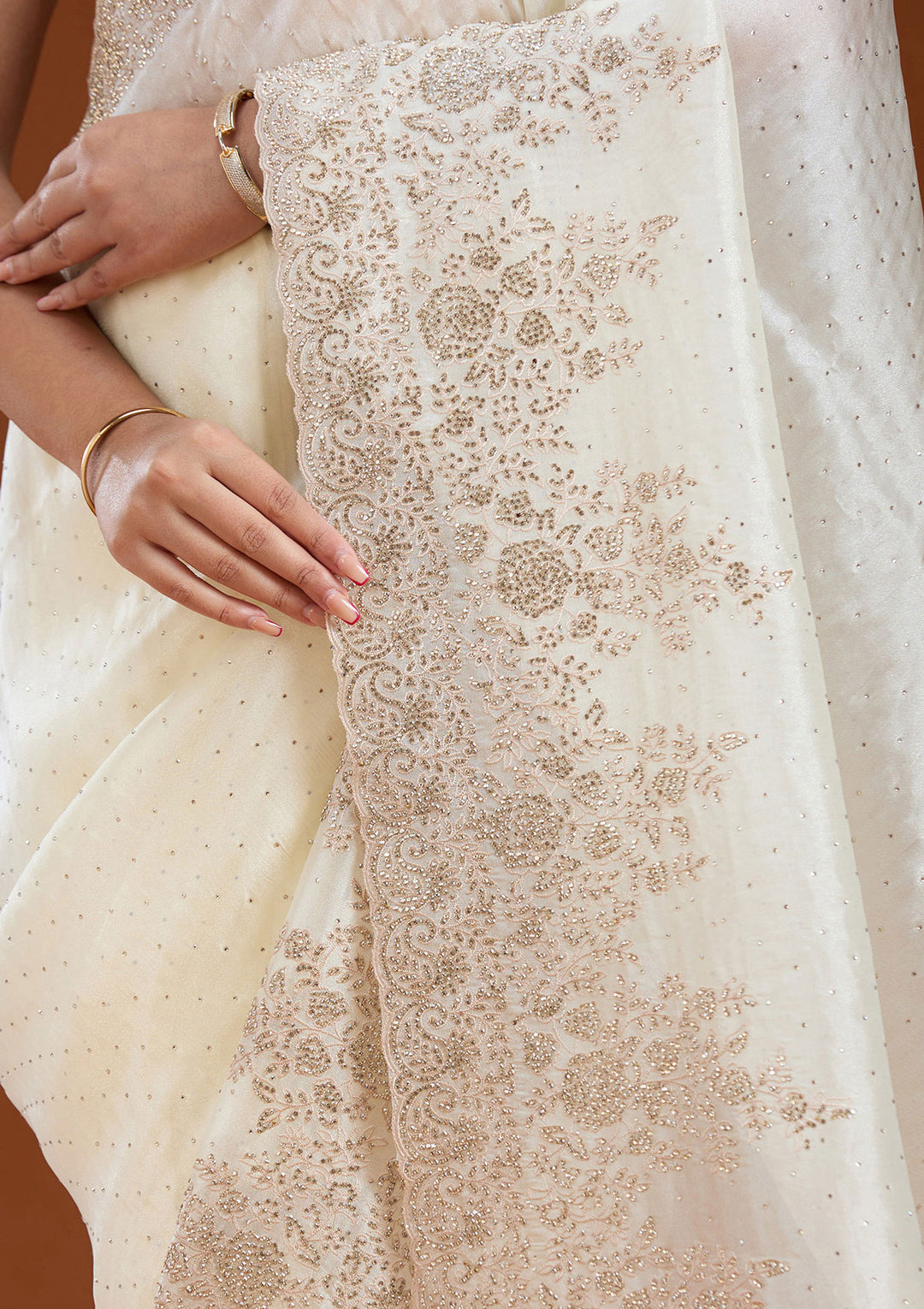 Cream Tissue Cording Saree With Matching Blouse Piece