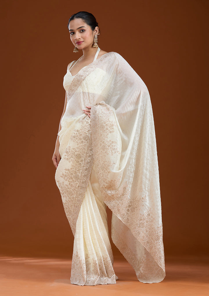 Cream Tissue Cording Saree With Matching Blouse Piece