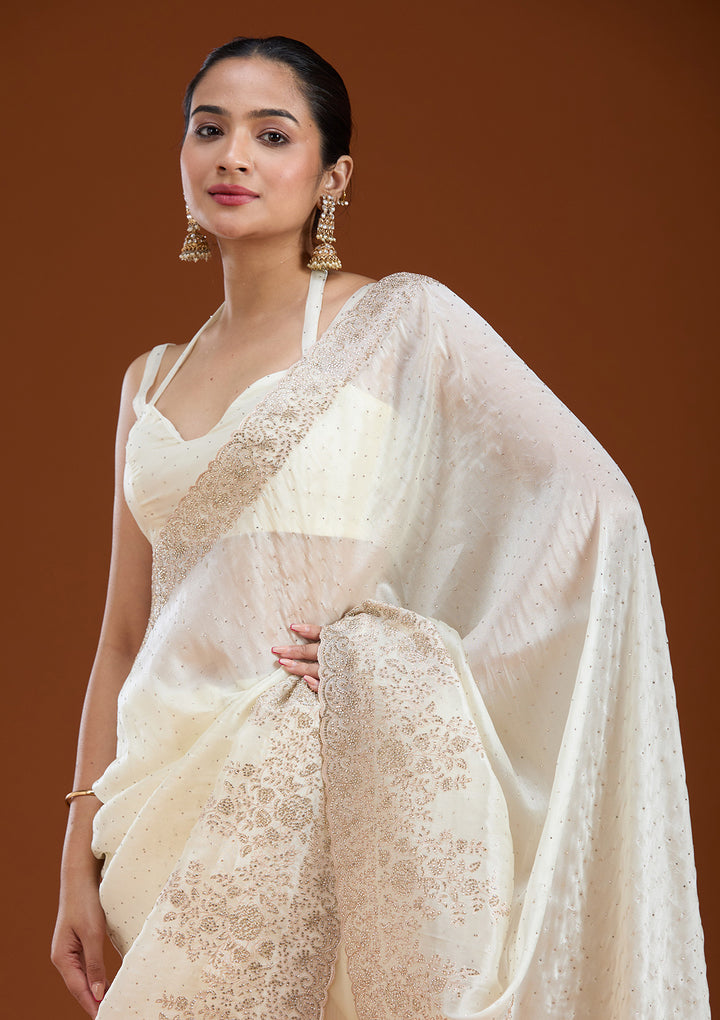 Cream Tissue Cording Saree With Matching Blouse Piece