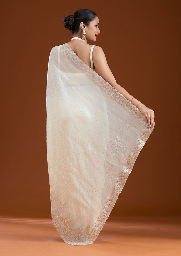 Cream Tissue Cording Saree With Matching Blouse Piece