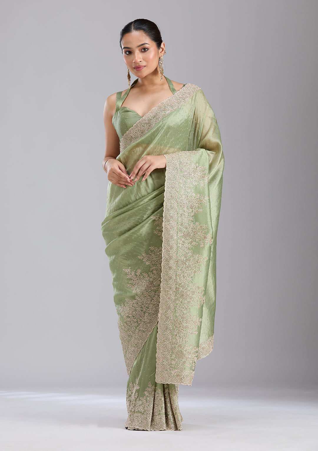 Mehandi Green Tissue Cording Saree With Matching Blouse Piece
