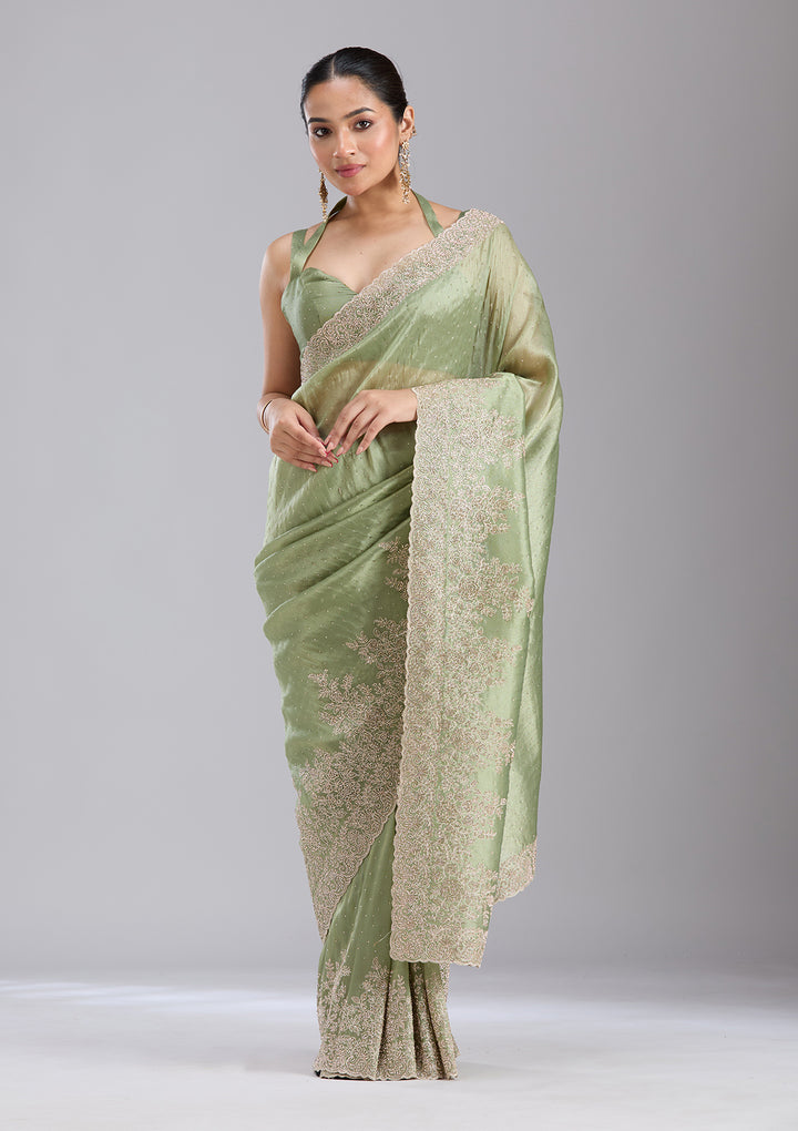 Mehandi Green Tissue Cording Saree With Matching Blouse Piece