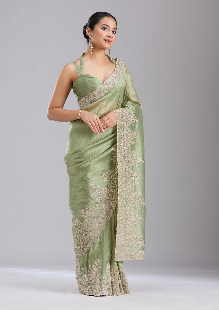 Mehandi Green Tissue Cording Saree With Matching Blouse Piece