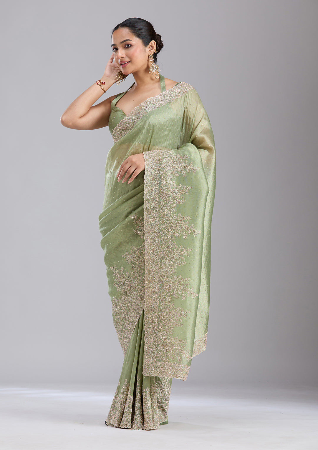Mehandi Green Tissue Cording Saree With Matching Blouse Piece