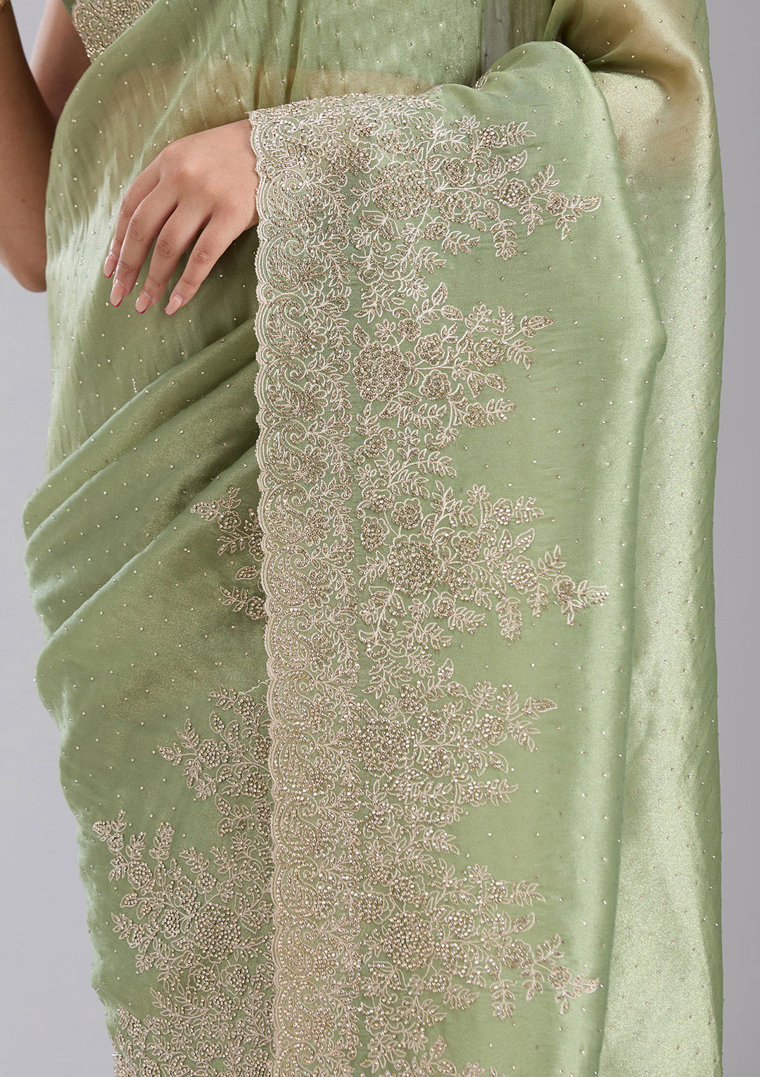 Mehandi Green Tissue Cording Saree With Matching Blouse Piece