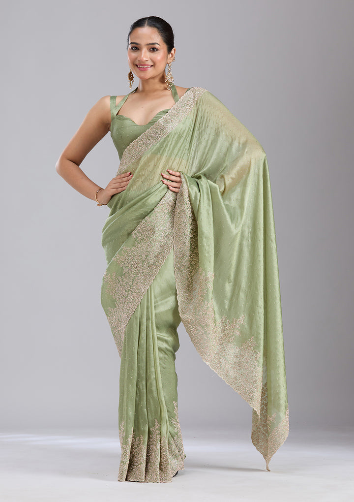 Mehandi Green Tissue Cording Saree With Matching Blouse Piece