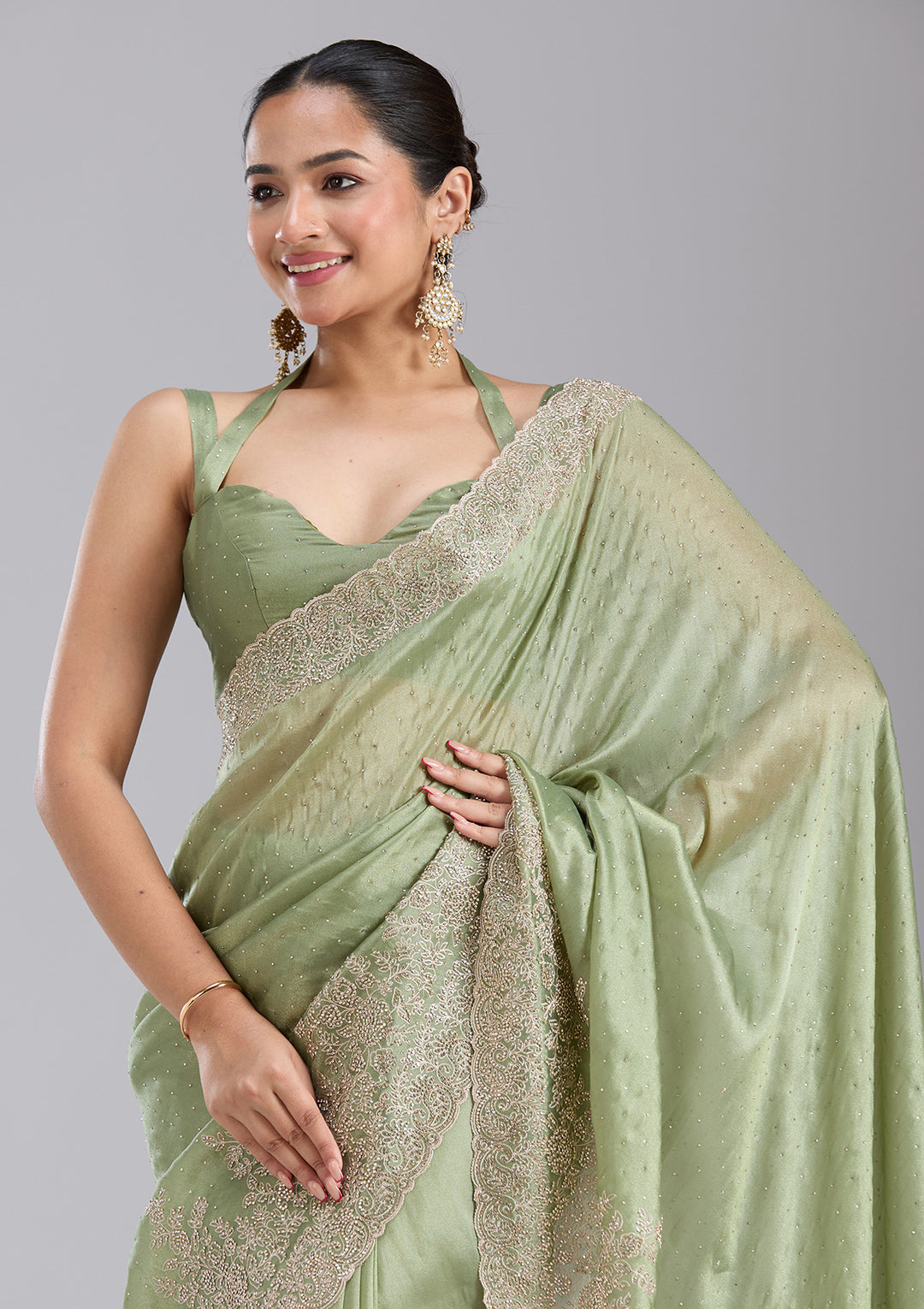 Mehandi Green Tissue Cording Saree With Matching Blouse Piece