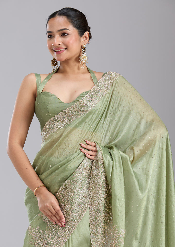 Mehandi Green Tissue Cording Saree With Matching Blouse Piece